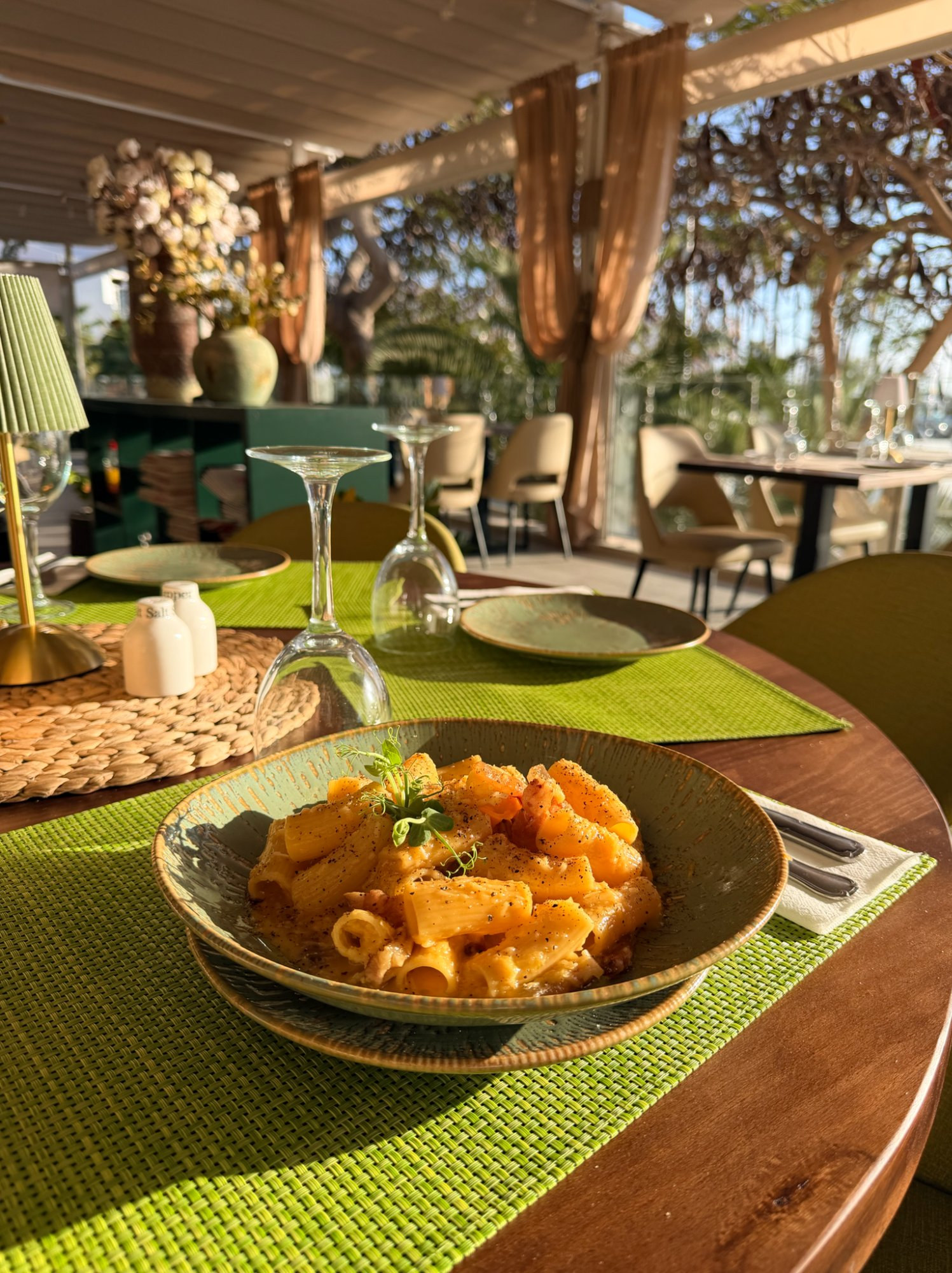 Pasta dish at La Familia restaurant terrace Tenerife